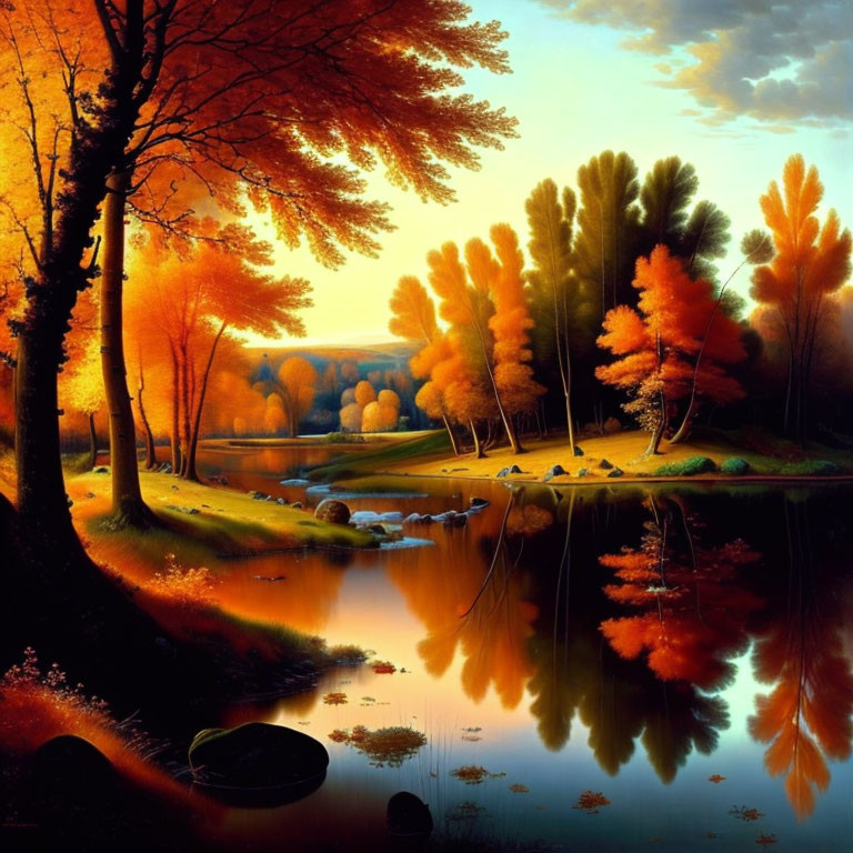 Tranquil autumn landscape with colorful foliage, reflective lake, and serene sunset