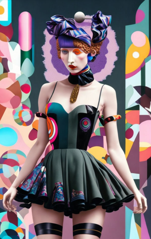 Colorful Stylized Woman in Whimsical Outfit with Abstract Background