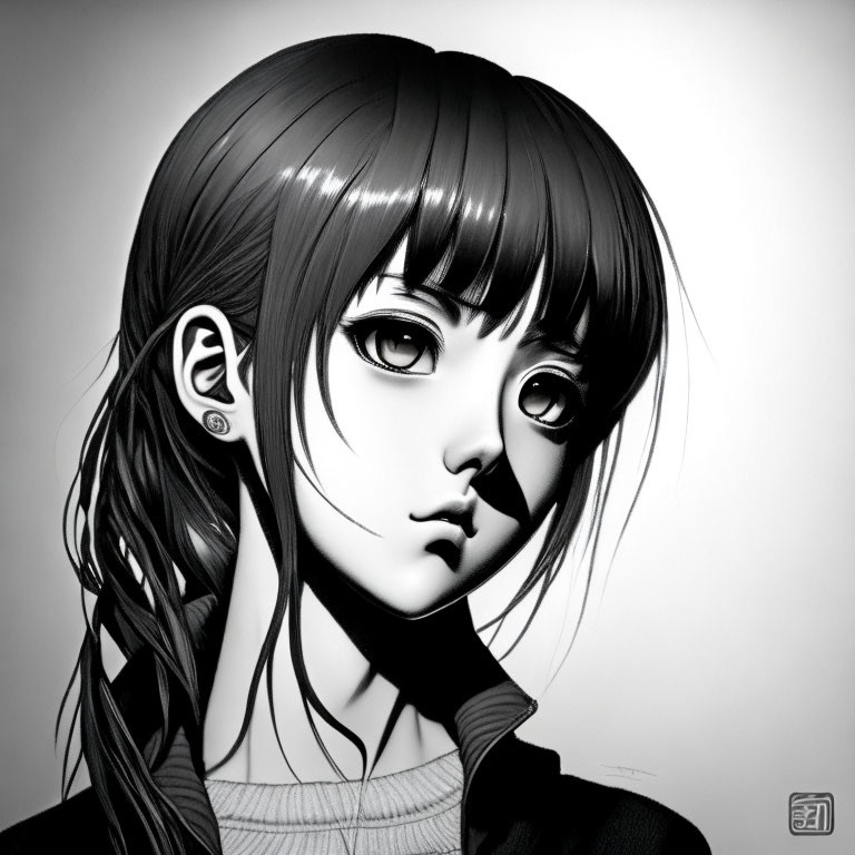 Monochromatic digital art of stylized girl with large eyes and futuristic earpiece