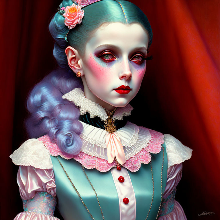 Illustration of girl with pale skin, blue Victorian hair, mint and pink dress with rose.