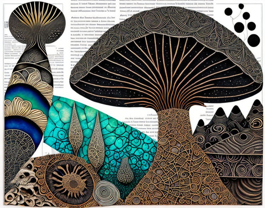 Abstract patterned mushrooms in intricate design against text-filled background