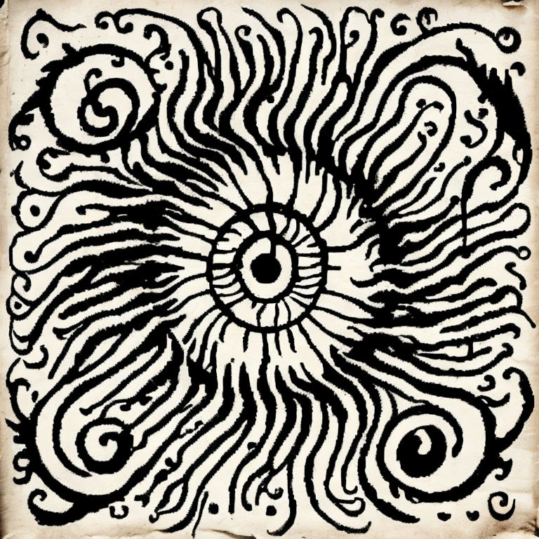 Detailed Black Ink Drawing of Ornate Eye on Aged Paper