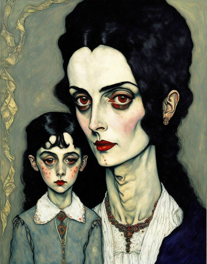 Gothic mother and child illustration with pale figures and red eyes