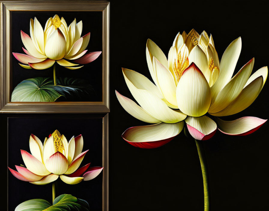 Realistic white and pink lotus flowers on black background.