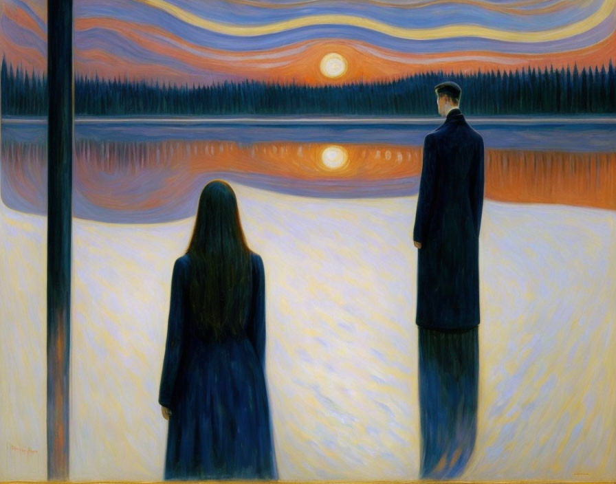 Artwork: Two figures by water at sunset with colorful sky lines