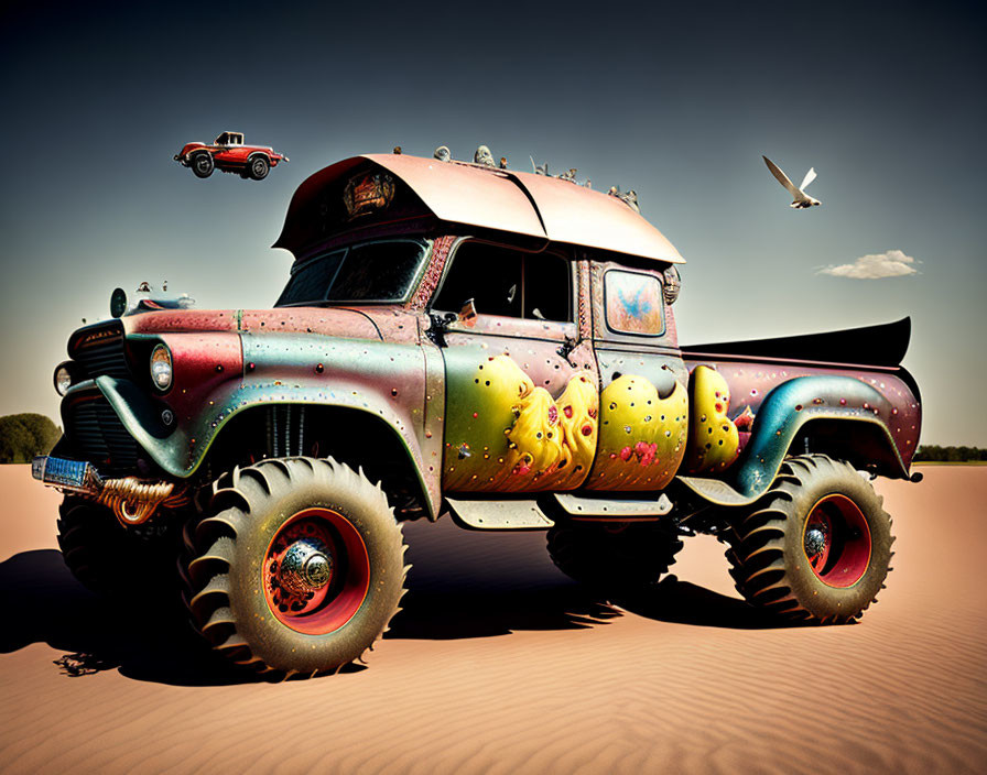 Vintage Monster Truck with Oversized Wheels in Colorful Desert Scene