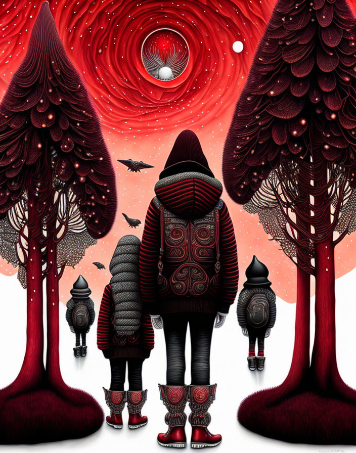 Three stylized figures in intricate clothing among red trees and swirling red sky with central eye motif.