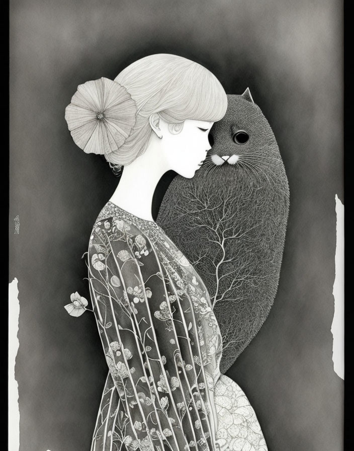 Illustration: Woman in floral kimono embracing large cat in heart shape.