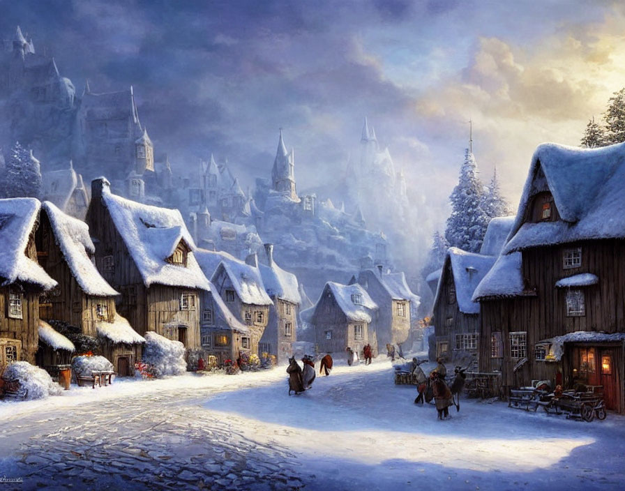 Historic snow-covered village with horse-drawn sleigh and twilight sky