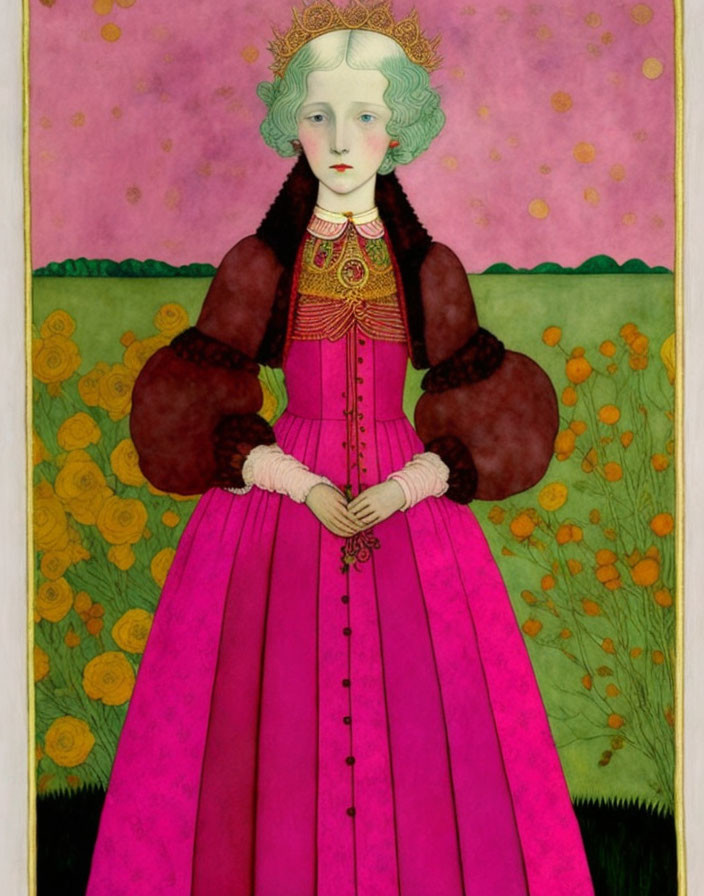 Historical dress portrait of a woman in puffy sleeves on pink floral background