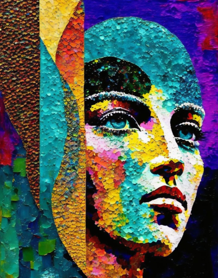 Vibrant mosaic portrait with blue, yellow, and red hues