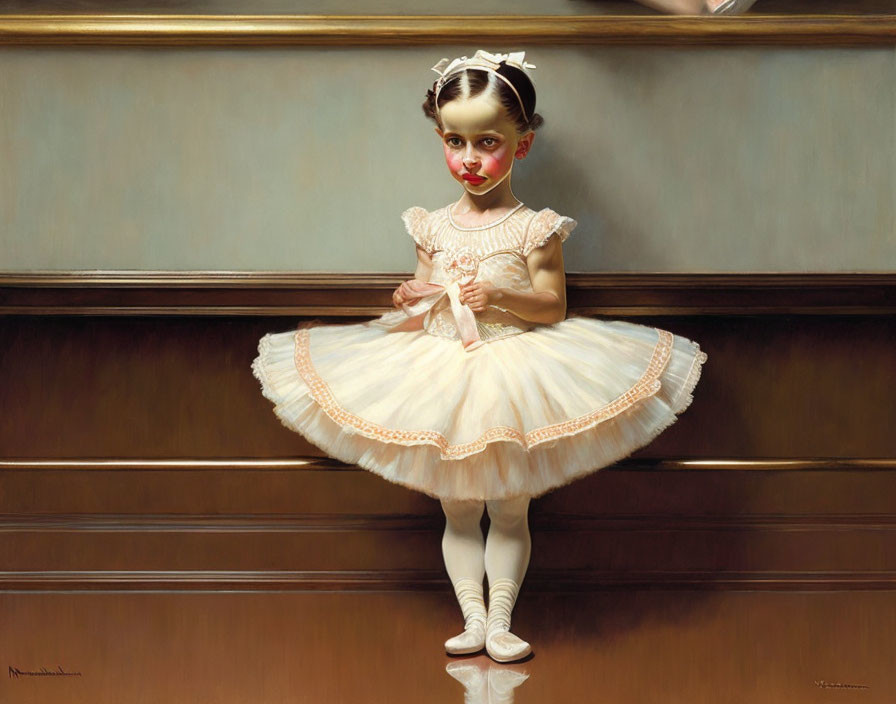 Realistic painting of young girl in ballet outfit with exaggerated facial features against wooden wainscoting