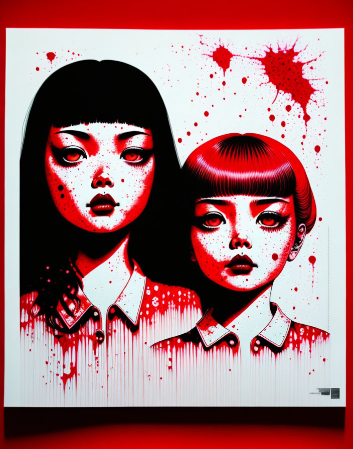 Stylized portraits of girls with large eyes on red backdrop with splattered paint effect