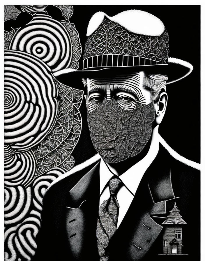 Monochromatic illustration of a man in a suit and patterned hat with intricate abstract designs