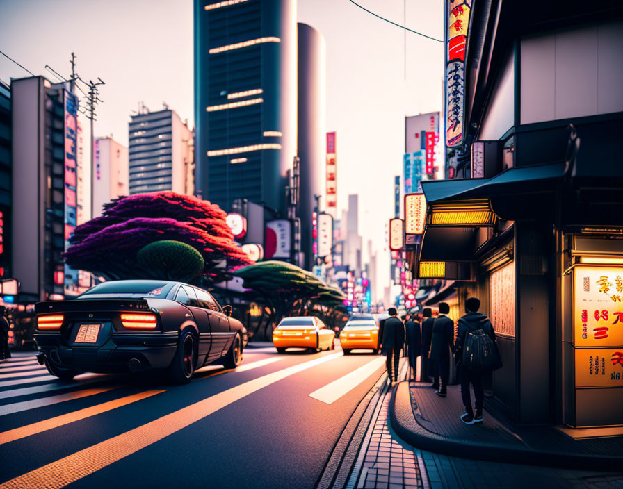 Vibrant city street at twilight with neon signs, pedestrians, and sports car.