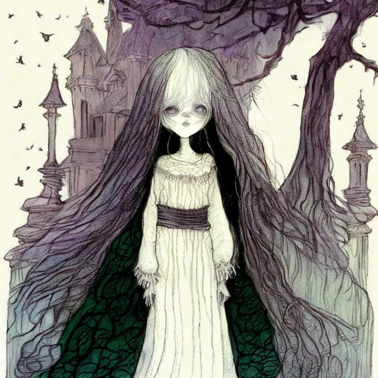 Ghostly girl with long hair at gothic castle with barren trees and birds