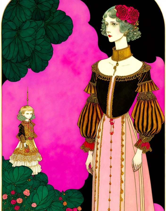 Vintage-style figures in elaborate attire on pink background with green foliage