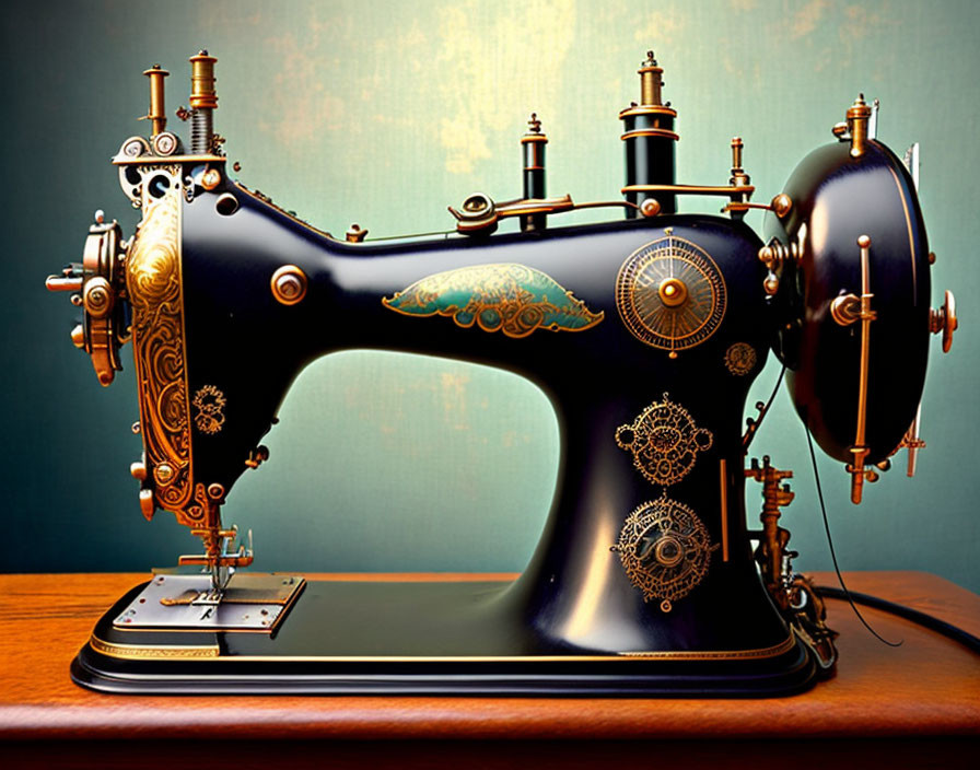 Vintage Sewing Machine with Gold Patterns on Teal Background