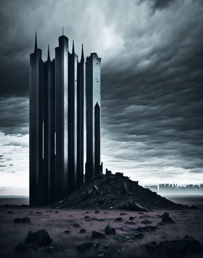 Dark Gothic Skyscraper in Desolate Landscape with Stormy Sky