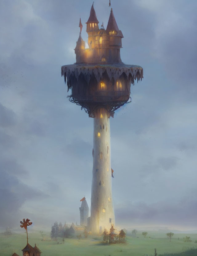 Fantasy tower with castle on slender spire in misty landscape