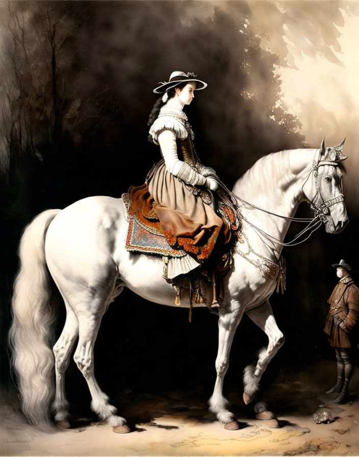 Period dress woman on white horse with male figure in background