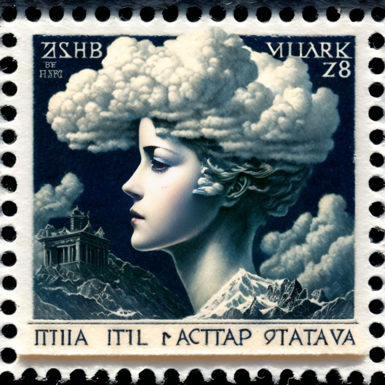 Vintage Stamp: Woman's Profile with Cloud Hair and Landscape Merge