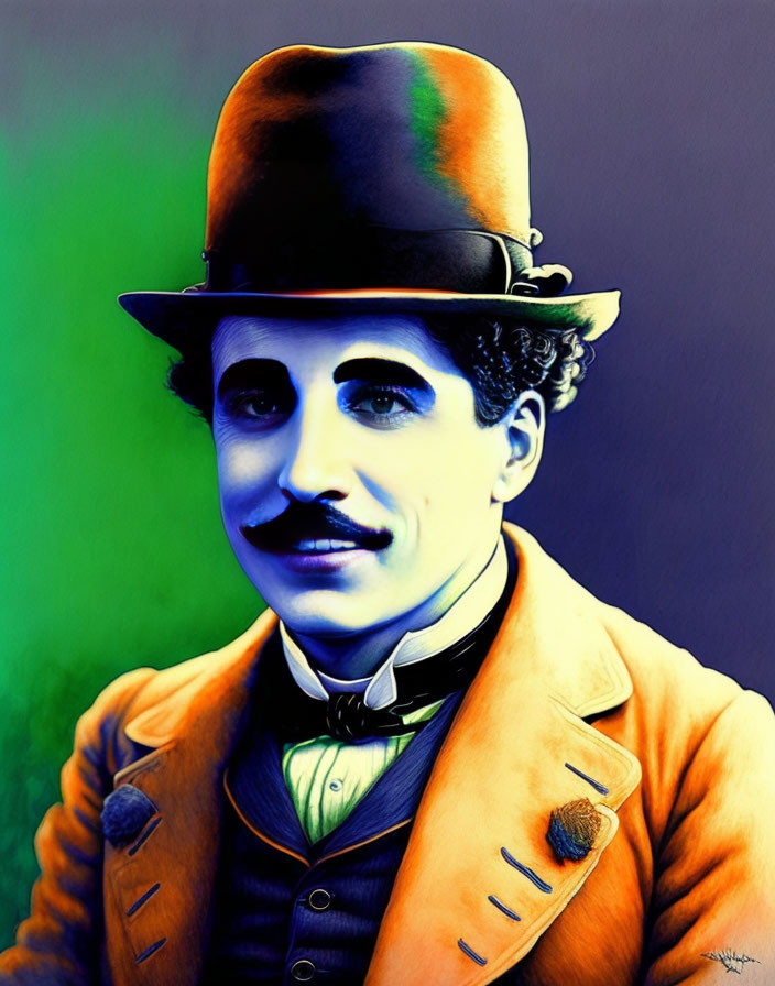 Vibrant colorized portrait of a man in bowler hat with early 20th-century style