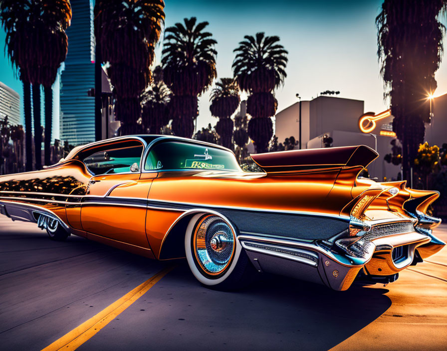 Vintage orange car with tail fins parked on sunny street with palm trees