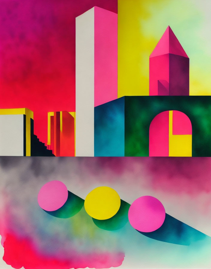 Vibrant abstract cityscape painting in pink, yellow, and green hues with geometric buildings and cloudy