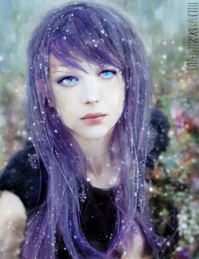 Digital portrait featuring person with blue eyes, purple hair, snowflakes, and floral backdrop.