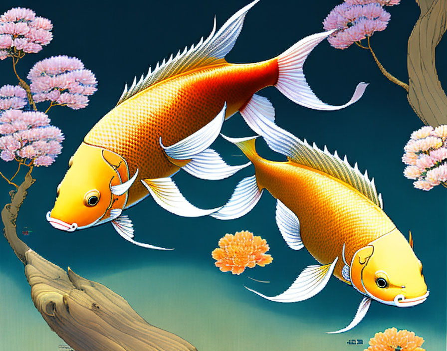 Vibrant golden koi fish swimming with cherry blossoms in the background