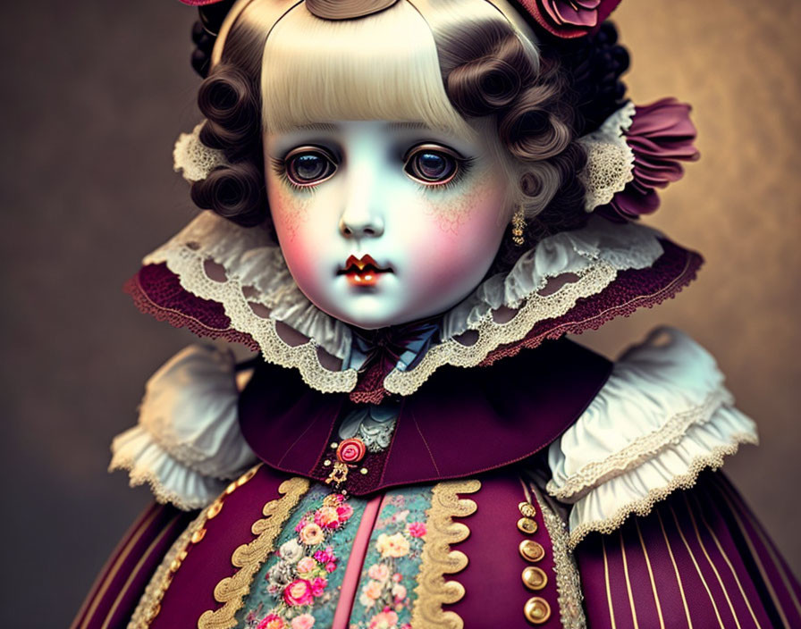 Victorian-style porcelain doll with intricate details and haunting beauty