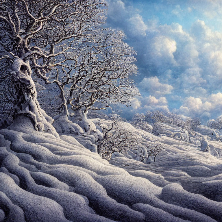 Snow-covered landscape with bare trees under cloudy sky