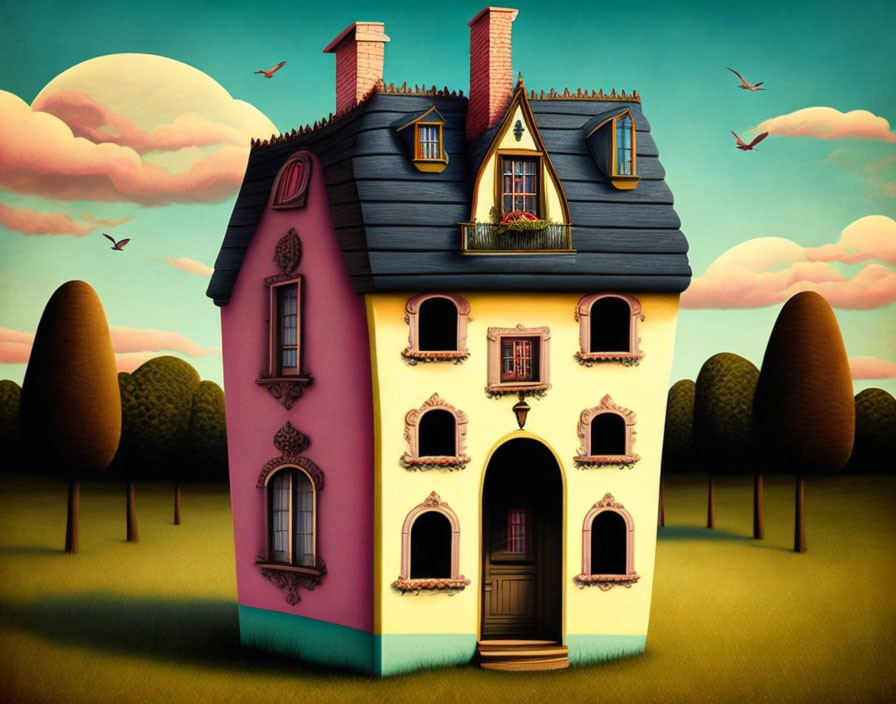 Whimsical pink house with black roof in surreal landscape