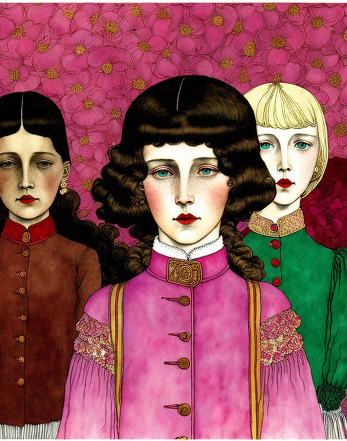 Three girls in Victorian attire with solemn expressions on floral background