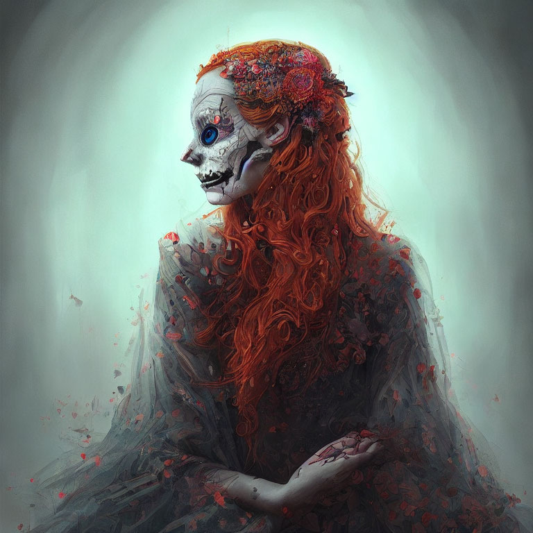 Half-Skull-Faced Figure with Red Hair and Floral Adornment on Soft Background