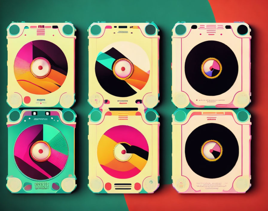 Four Colorful Retro-Style Portable Cassette Players with Abstract Designs