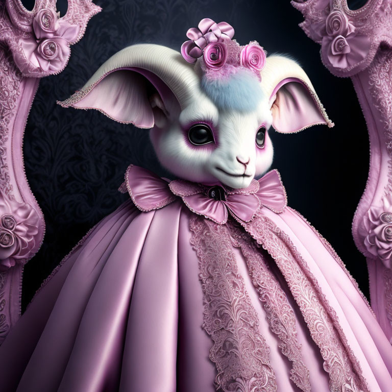 Stylized creature with lamb's head in Victorian dress & roses