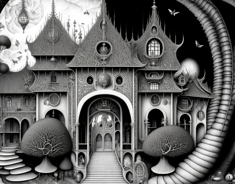 Detailed black and white illustration: Fantastical castle with intricate patterns, whimsical trees, orbs,