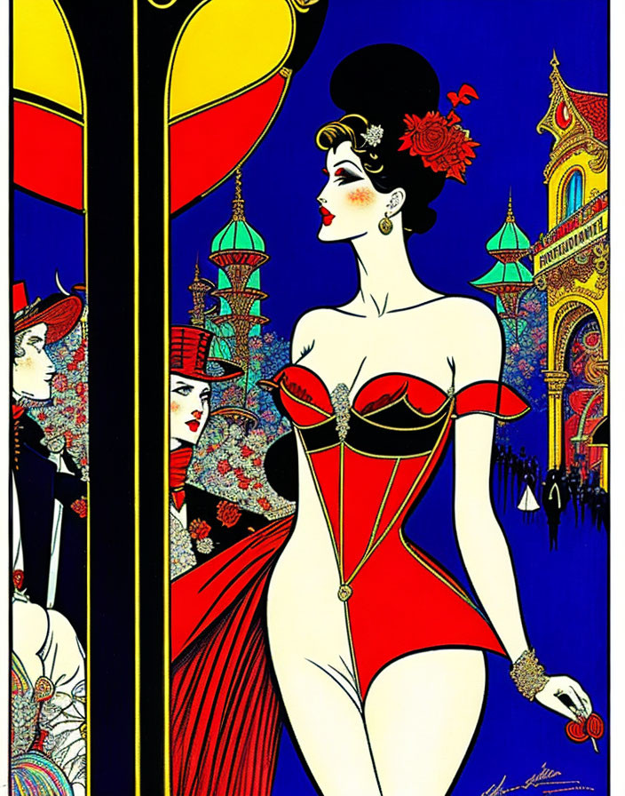 Woman in red and black bodysuit near mirror with ornate architecture.