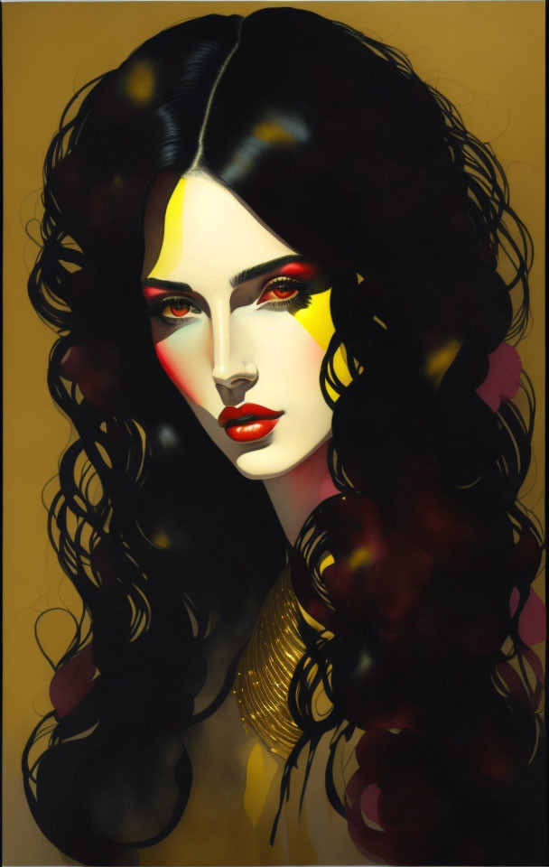 Woman with flowing black hair, red lipstick, yellow eyeshadow, and gold necklace on yellow background