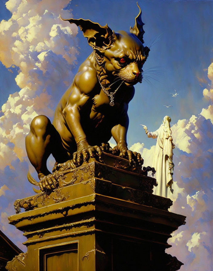 Muscular feline creature on gold pedestal under blue sky with white-robed figure.