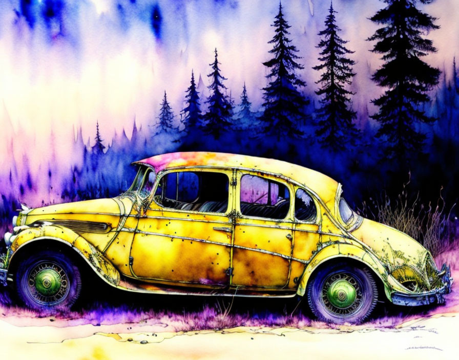 Colorful Watercolor Painting of Aged Yellow Car and Evergreen Trees