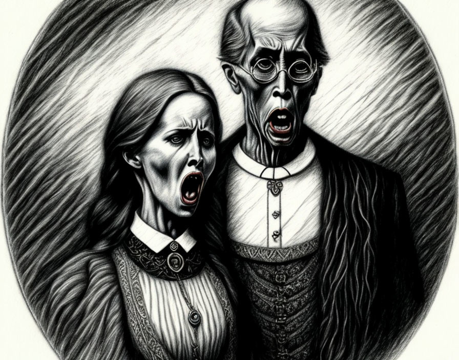 Monochrome drawing of surprised Victorian couple with exaggerated expressions