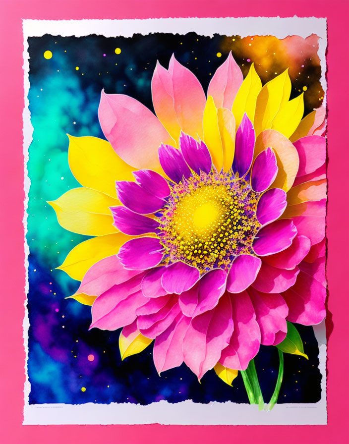 Colorful digital artwork: Pink-yellow sunflower on cosmic background