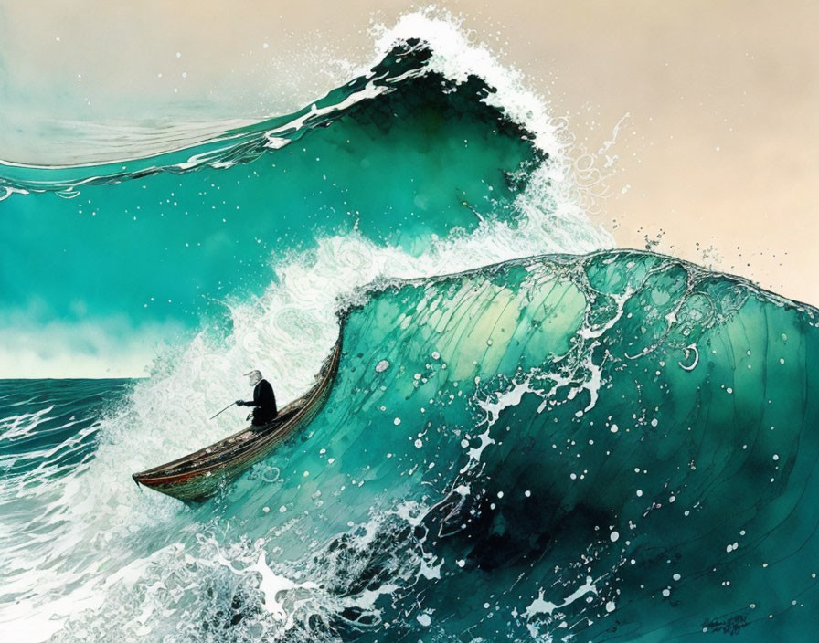 Person paddling canoe on vibrant, curling wave in blues and greens