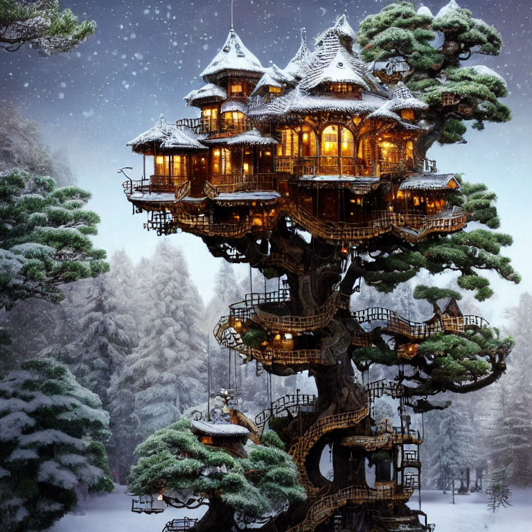 Multi-story illuminated treehouse in snowy forest at twilight