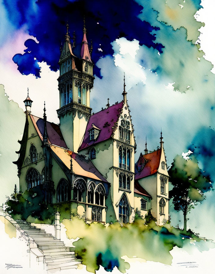 Gothic-style church watercolor painting with tall spire and stained glass windows