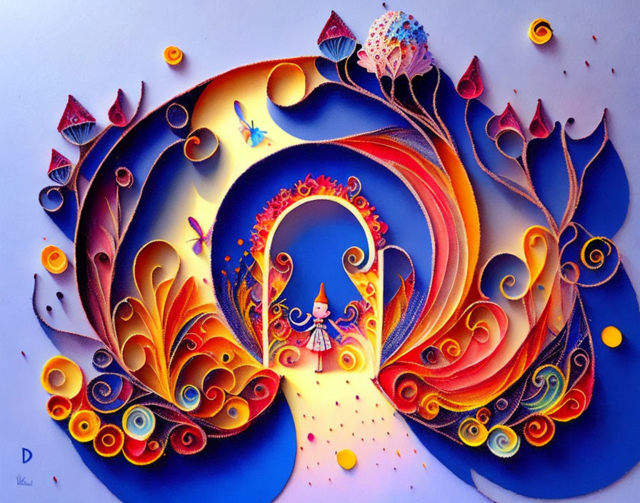 Colorful surreal painting with swirling shapes, butterflies, and flowers