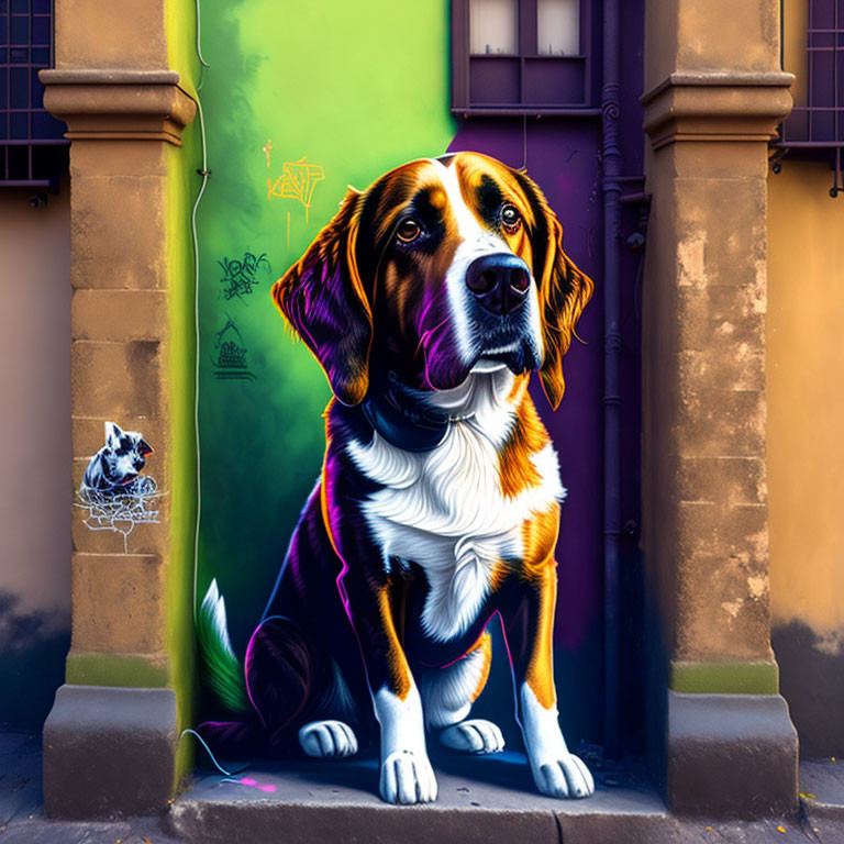 Vibrant digital artwork of a colorful seated dog in urban setting